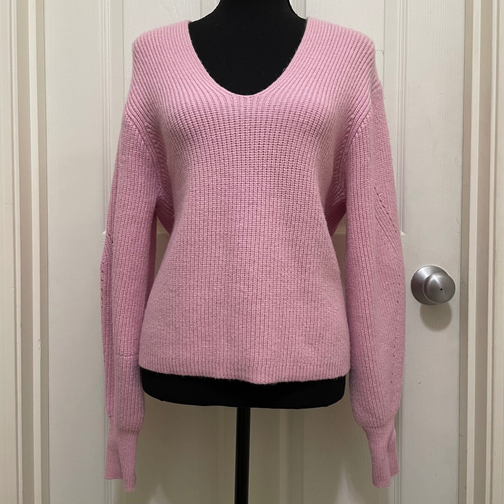 Tahari Super Soft V-Neck Knit Sweater Oversized Slouchy Pink Ribbed Pullover‎ XS